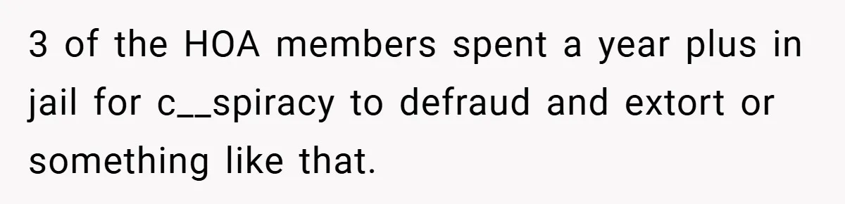3 of the HOA members spent a year plus in jail for c__spiracy to defraud and extort or something like that.