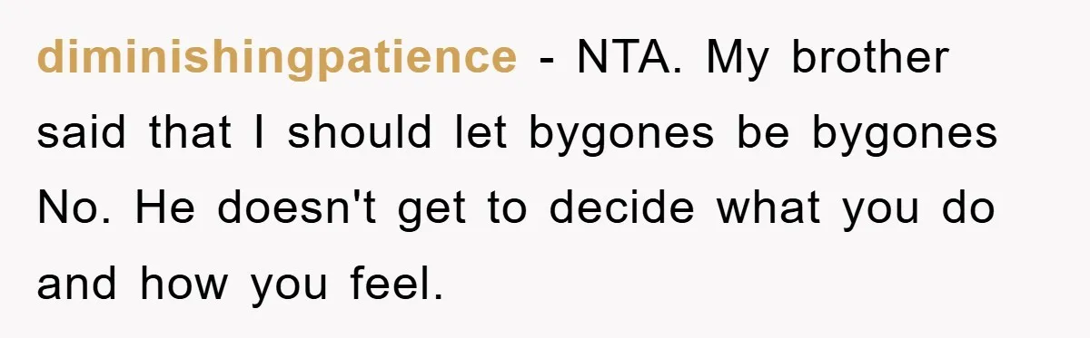 diminishingpatience − NTA. My brother said that I should let bygones be bygones No. He doesn't get to decide what you do and how you feel.