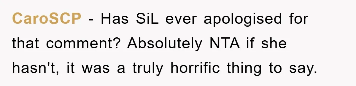 CaroSCP − Has SiL ever apologised for that comment? Absolutely NTA if she hasn't, it was a truly horrific thing to say.