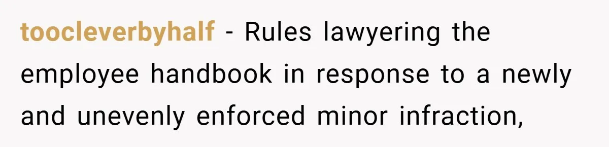 toocleverbyhalf − Rules lawyering the employee handbook in response to a newly and unevenly enforced minor infraction,