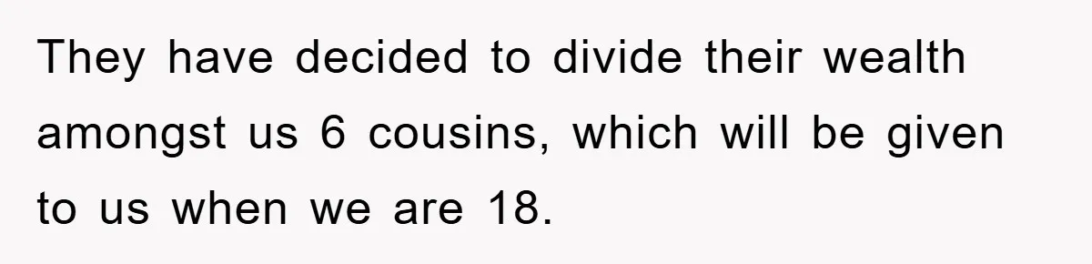 They have decided to divide their wealth amongst us 6 cousins, which will be given to us when we are 18.