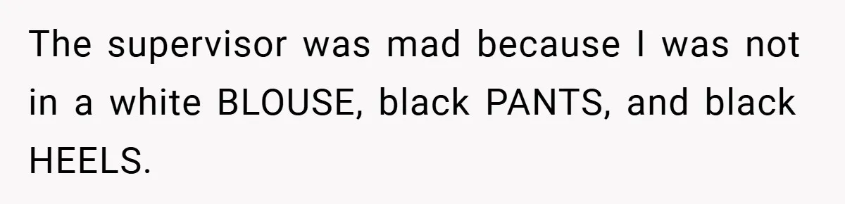 The supervisor was mad because I was not in a white BLOUSE, black PANTS, and black HEELS.