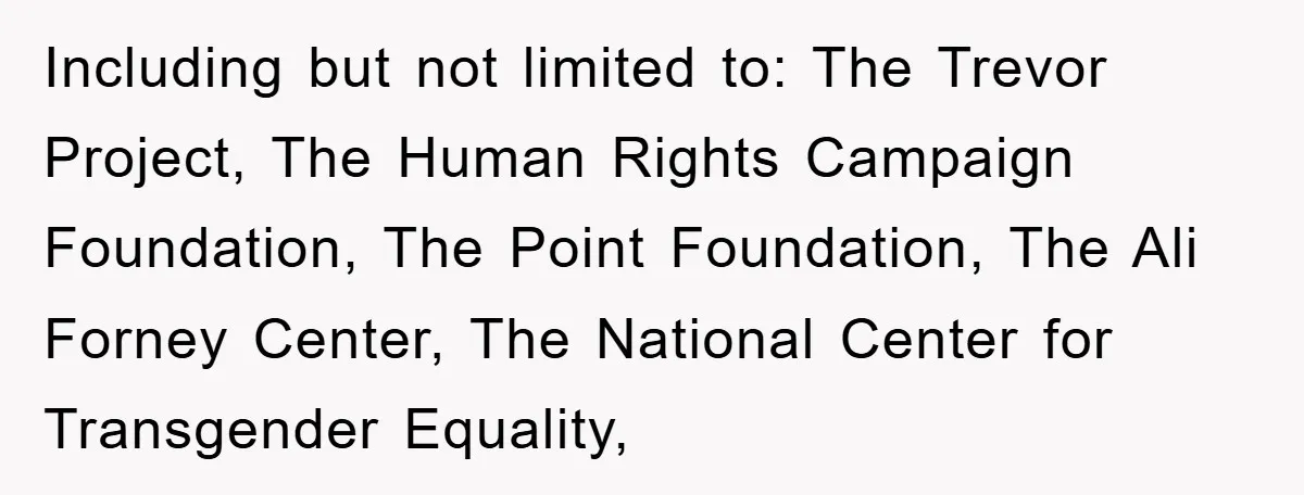 Including but not limited to: The Trevor Project, The Human Rights Campaign Foundation, The Point Foundation, The Ali Forney Center, The National Center for Transgender Equality,