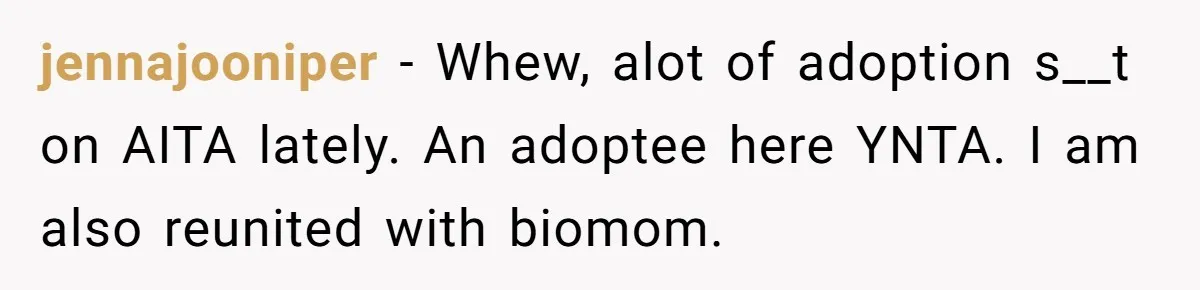 jennajooniper − Whew, alot of adoption s__t on AITA lately. An adoptee here YNTA. I am also reunited with biomom.