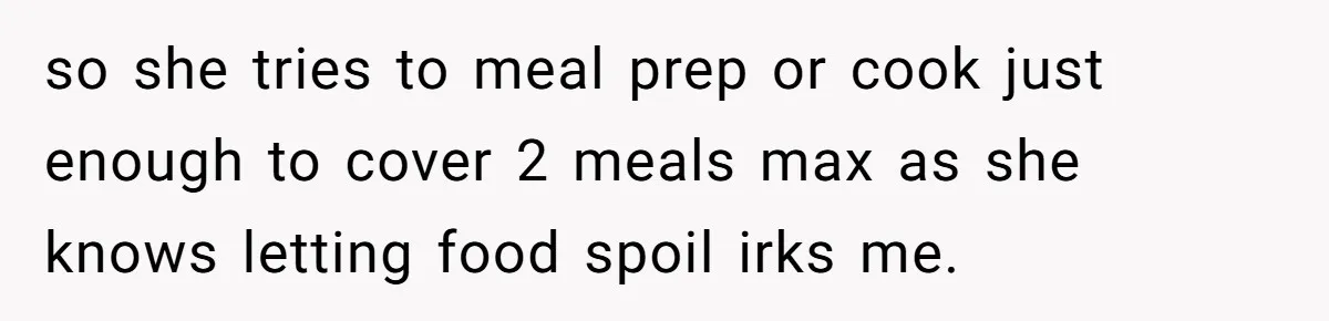 so she tries to meal prep or cook just enough to cover 2 meals max as she knows letting food spoil irks me.