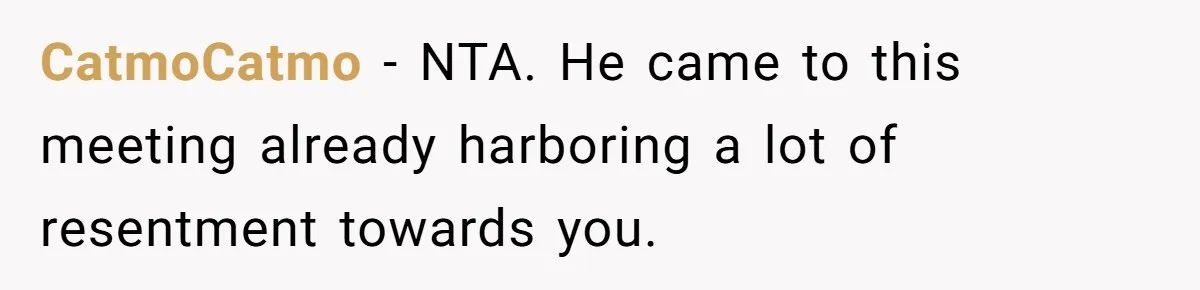 CatmoCatmo − NTA. He came to this meeting already harboring a lot of resentment towards you.