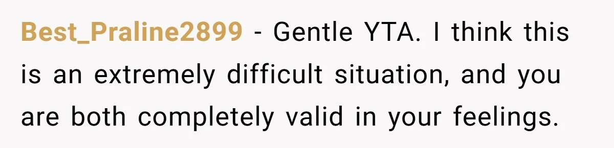 Best_Praline2899 − Gentle YTA. I think this is an extremely difficult situation, and you are both completely valid in your feelings.