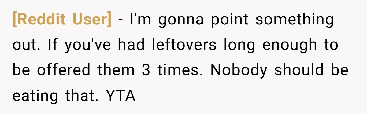 [Reddit User] − I'm gonna point something out. If you've had leftovers long enough to be offered them 3 times. Nobody should be eating that. YTA