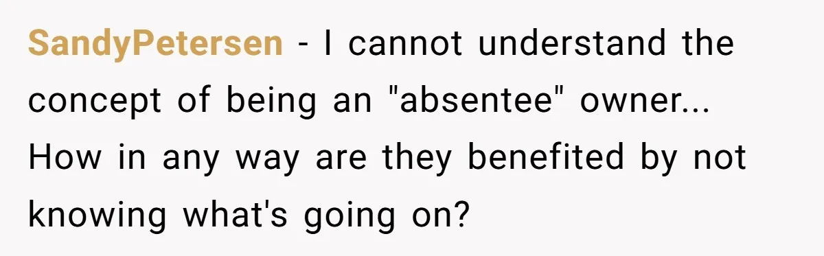 SandyPetersen - I cannot understand the concept of being an "absentee" owner... How in any way are they benefited by not knowing what's going on?