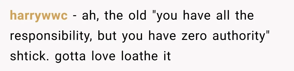 harrywwc - ah, the old "you have all the responsibility, but you have zero authority" shtick. gotta love loathe it