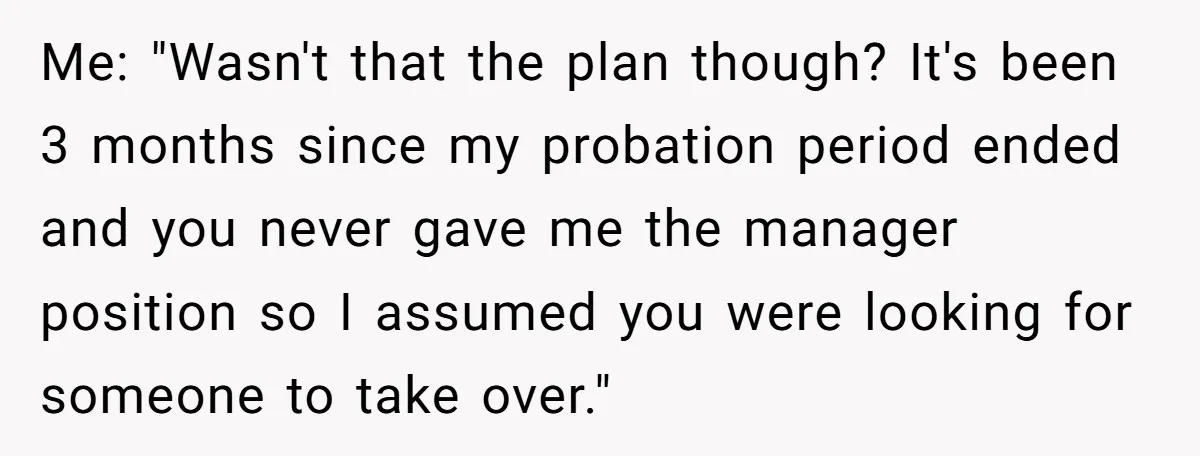 Me: "Wasn't that the plan though? It's been 3 months since my probation period ended and you never gave me the manager position so I assumed you were looking for...