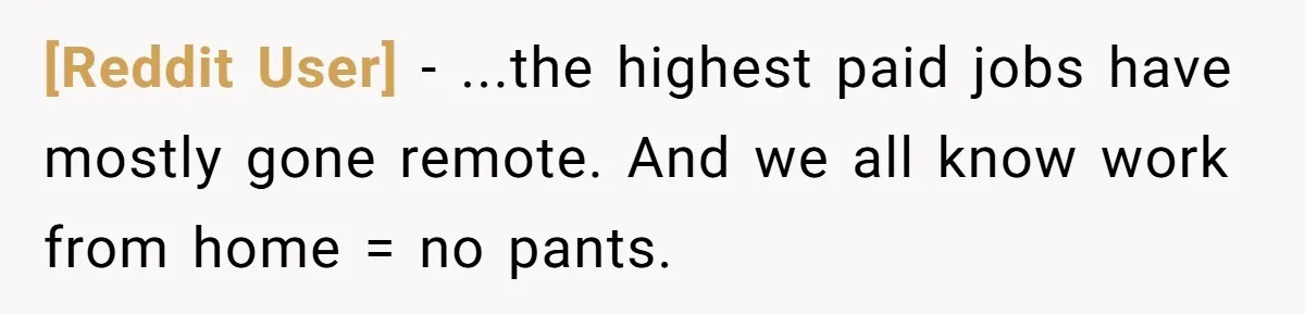 [Reddit User] - ...the highest paid jobs have mostly gone remote. And we all know work from home = no pants.