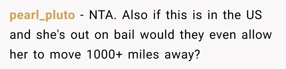 pearl_pluto − NTA. Also if this is in the US and she's out on bail would they even allow her to move 1000+ miles away?