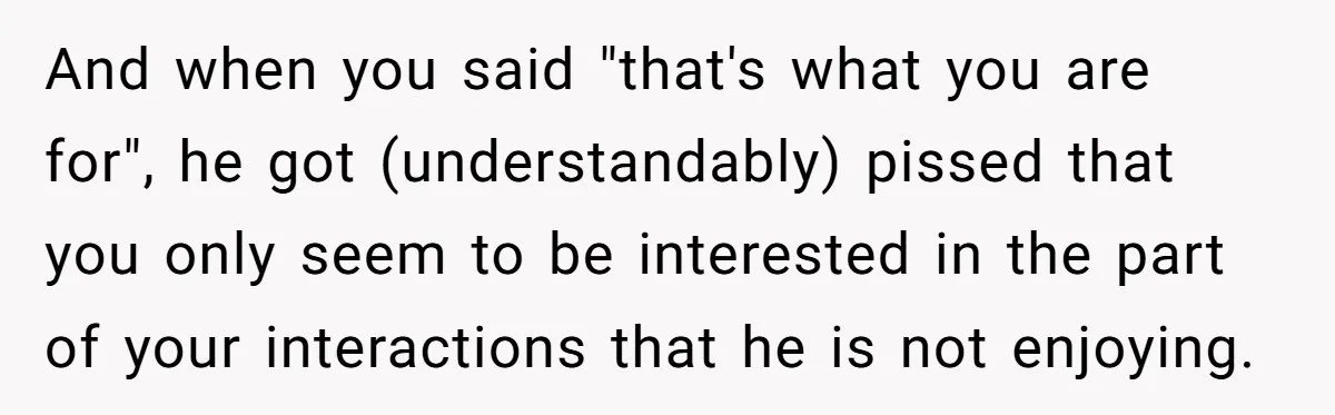 And when you said "that's what you are for", he got (understandably) pissed that you only seem to be interested in the part of your interactions that he is not...