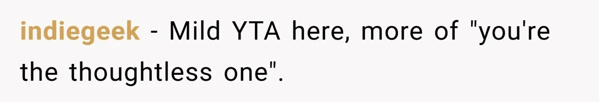 indiegeek − Mild YTA here, more of "you're the thoughtless one".