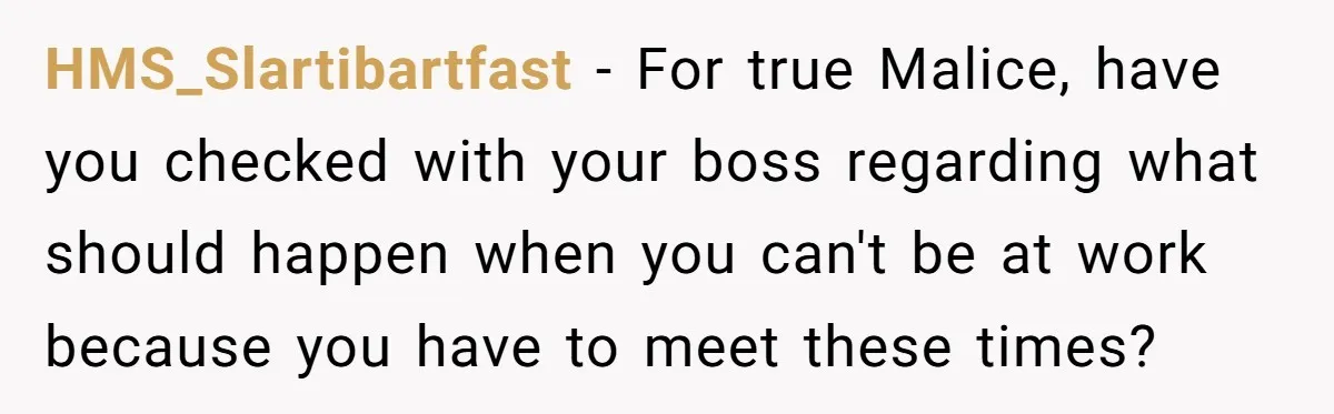 HMS_Slartibartfast - For true Malice, have you checked with your boss regarding what should happen when you can't be at work because you have to meet these times?