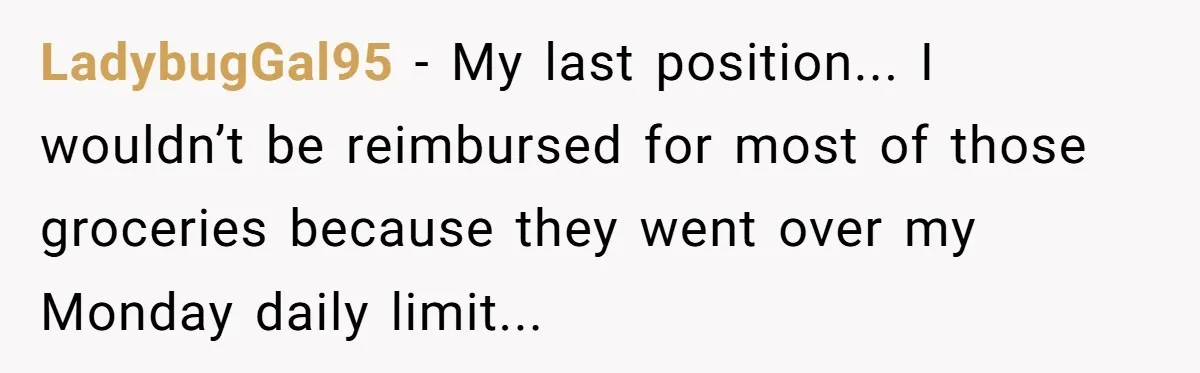 LadybugGal95 - My last position... I wouldn’t be reimbursed for most of those groceries because they went over my Monday daily limit...