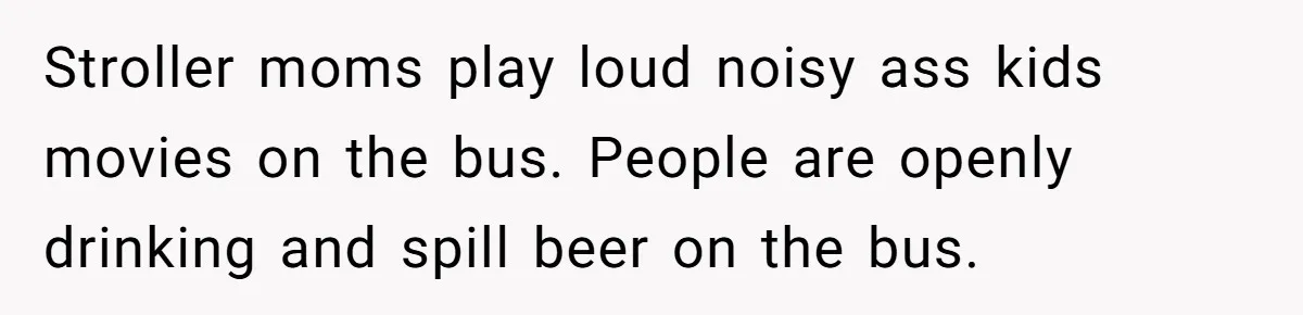 Stroller moms play loud noisy ass kids movies on the bus. People are openly drinking and spill beer on the bus.