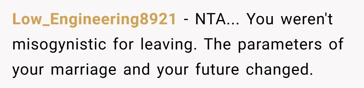 Low_Engineering8921 - NTA... You weren't misogynistic for leaving. The parameters of your marriage and your future changed.