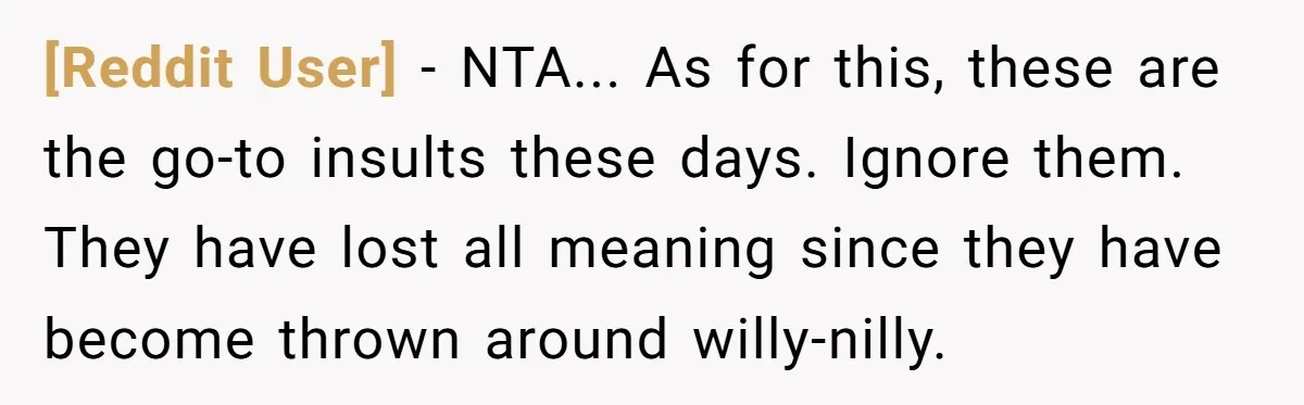 [Reddit User] - NTA... As for this, these are the go-to insults these days. Ignore them. They have lost all meaning since they have become thrown around willy-nilly.