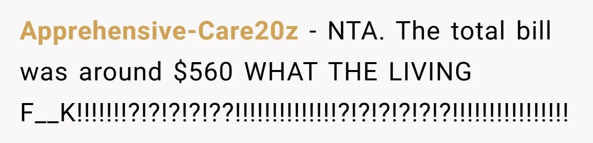 Apprehensive-Care20z − NTA. The total bill was around $560 WHAT THE LIVING F__K!!!!!!!?!?!?!?!??!!!!!!!!!!!!!!?!?!?!?!?!?!!!!!!!!!!!!!!!!