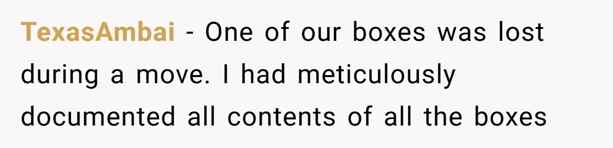 TexasAmbai − One of our boxes was lost during a move. I had meticulously documented all contents of all the boxes