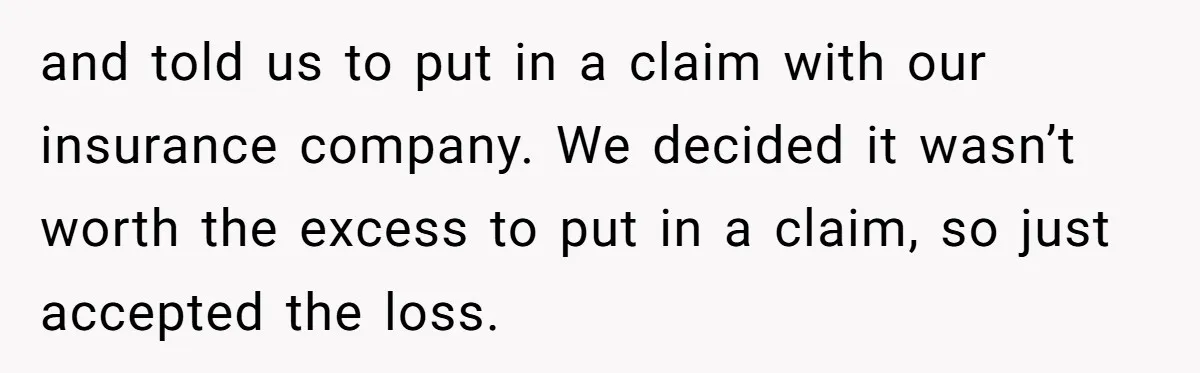 and told us to put in a claim with our insurance company. We decided it wasn’t worth the excess to put in a claim, so just accepted the loss.