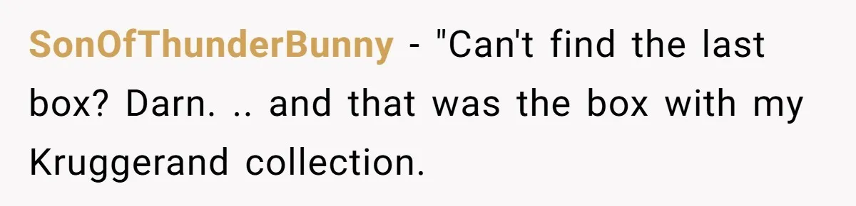 SonOfThunderBunny − "Can't find the last box? Darn. .. and that was the box with my Kruggerand collection.