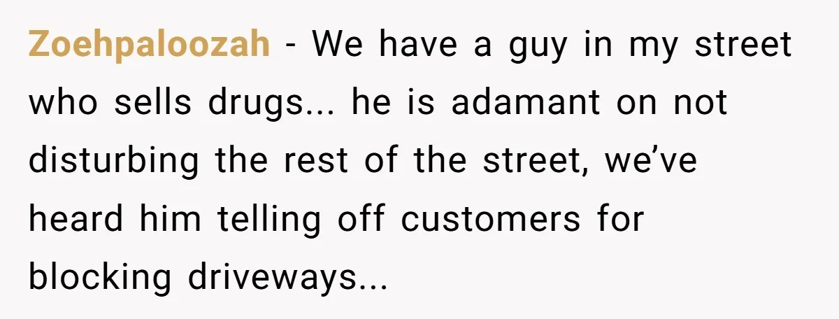 Zoehpaloozah - We have a guy in my street who sells drugs... he is adamant on not disturbing the rest of the street, we’ve heard him telling off customers for...