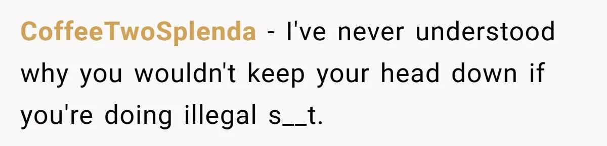 CoffeeTwoSplenda - I've never understood why you wouldn't keep your head down if you're doing illegal s__t.