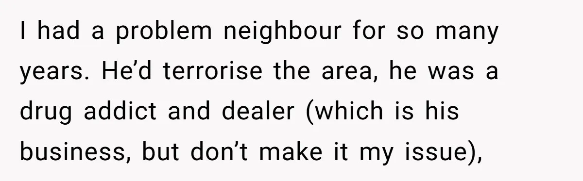 I had a problem neighbour for so many years. He’d terrorise the area, he was a drug addict and dealer (which is his business, but don’t make it my issue),