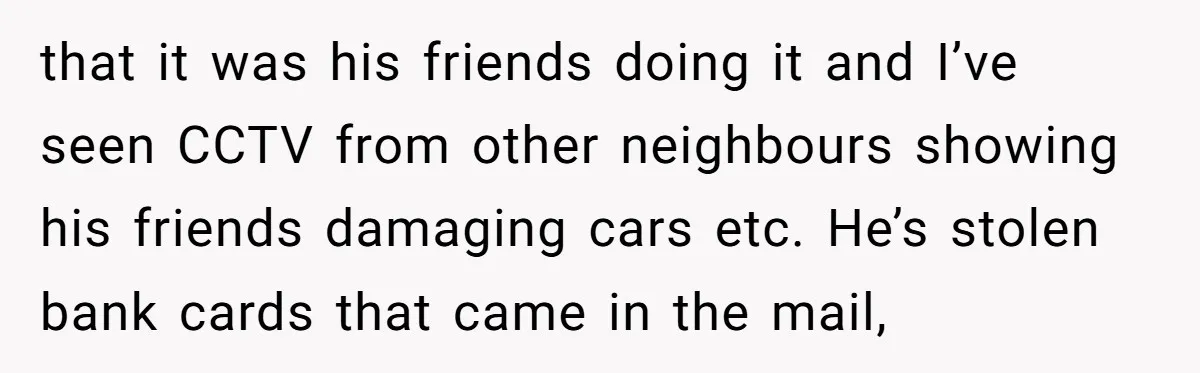that it was his friends doing it and I’ve seen CCTV from other neighbours showing his friends damaging cars etc. He’s stolen bank cards that came in the mail,