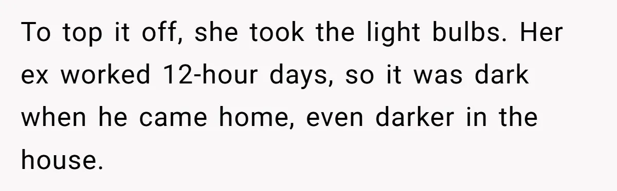 To top it off, she took the light bulbs. Her ex worked 12-hour days, so it was dark when he came home, even darker in the house.