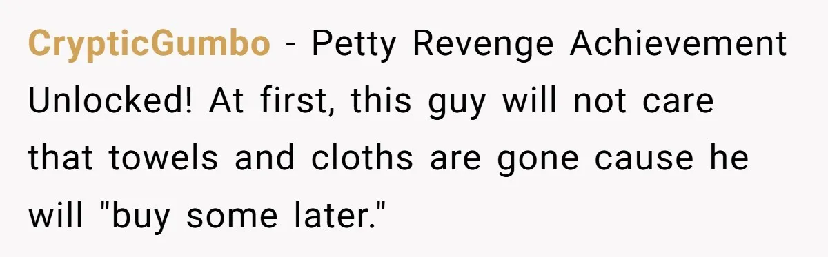 CrypticGumbo − Petty Revenge Achievement Unlocked! At first, this guy will not care that towels and cloths are gone cause he will "buy some later."