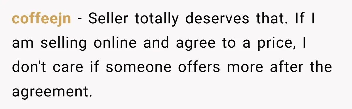coffeejn - Seller totally deserves that. If I am selling online and agree to a price, I don't care if someone offers more after the agreement.