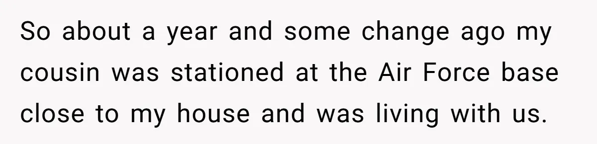 So about a year and some change ago my cousin was stationed at the Air Force base close to my house and was living with us.