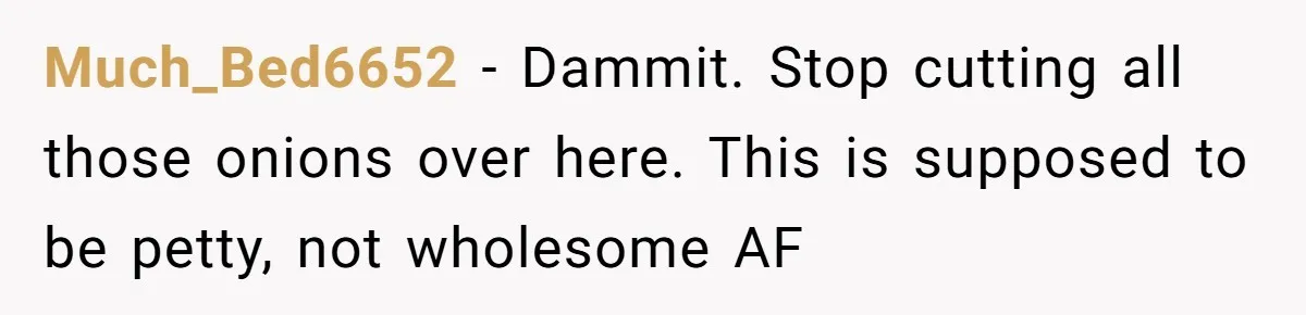 Much_Bed6652 - Dammit. Stop cutting all those onions over here. This is supposed to be petty, not wholesome AF