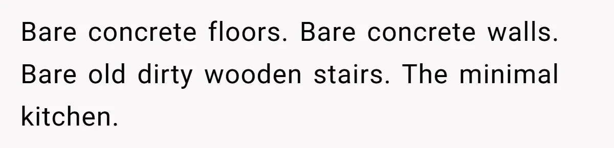 Bare concrete floors. Bare concrete walls. Bare old dirty wooden stairs. The minimal kitchen.