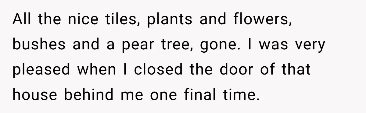 All the nice tiles, plants and flowers, bushes and a pear tree, gone. I was very pleased when I closed the door of that house behind me one final time.