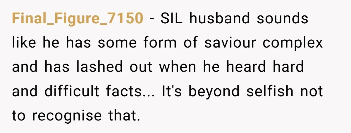 Final_Figure_7150 - SIL husband sounds like he has some form of saviour complex and has lashed out when he heard hard and difficult facts... It's beyond selfish not to recognise...