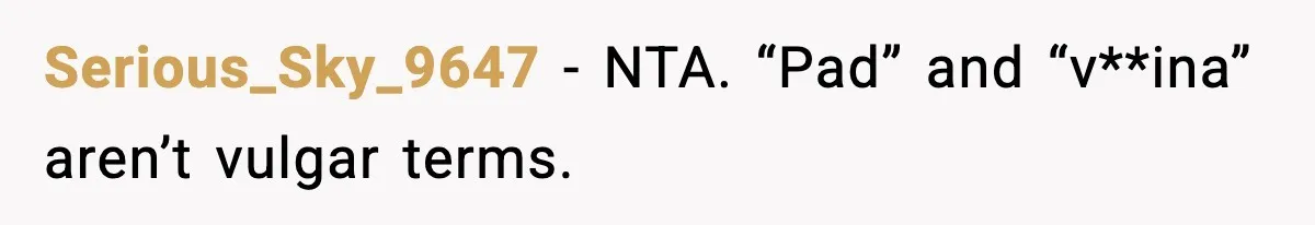 Serious_Sky_9647 − NTA. “Pad” and “v**ina” aren’t vulgar terms.