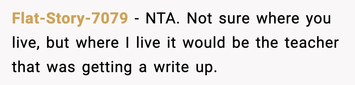 Flat-Story-7079 − NTA. Not sure where you live, but where I live it would be the teacher that was getting a write up.