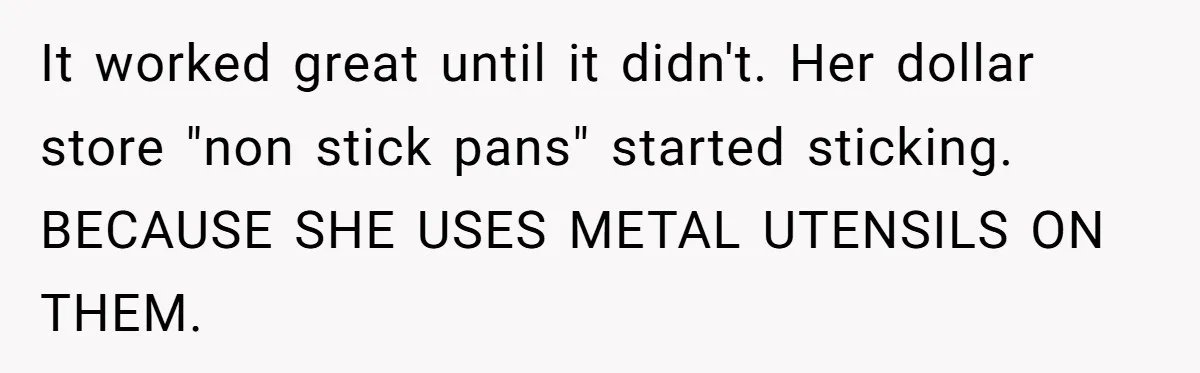 Husband Drains Joint Account After Wife Repeatedly Destroys His Things It worked great until it didn't. Her dollar store "non stick pans" started sticking. BECAUSE SHE USES METAL UTENSILS ON THEM.