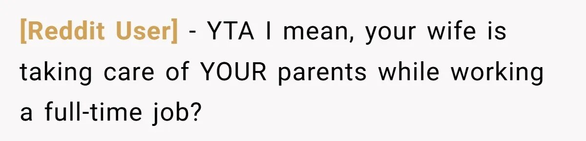 [Reddit User] - YTA I mean, your wife is taking care of YOUR parents while working a full-time job?