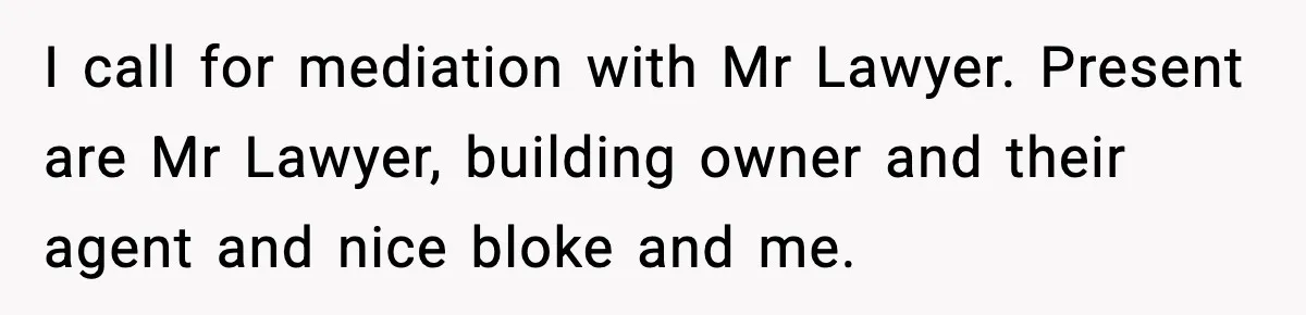 I call for mediation with Mr Lawyer. Present are Mr Lawyer, building owner and their agent and nice bloke and me.