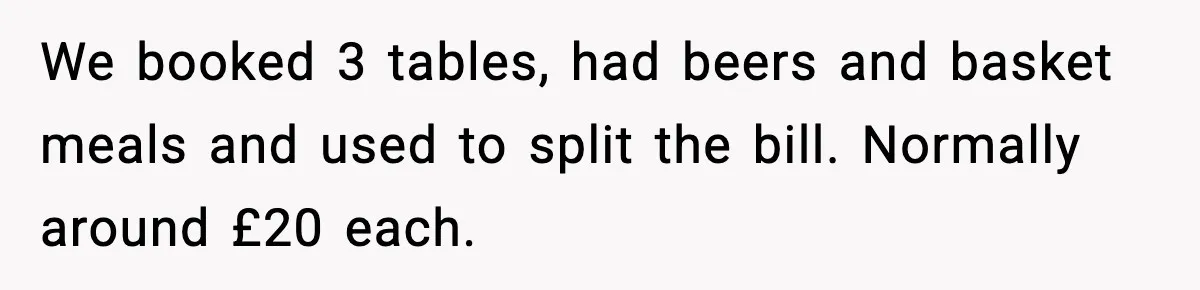 We booked 3 tables, had beers and basket meals and used to split the bill. Normally around £20 each.