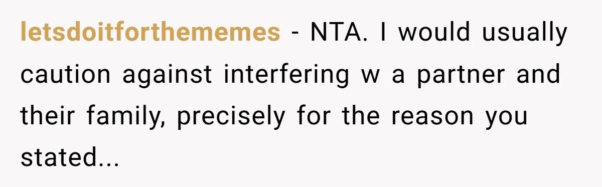letsdoitforthememes - NTA. I would usually caution against interfering w a partner and their family, precisely for the reason you stated...