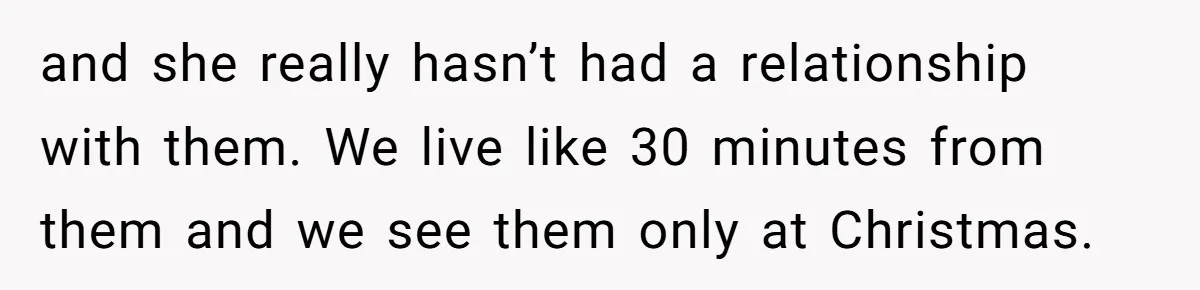 and she really hasn’t had a relationship with them. We live like 30 minutes from them and we see them only at Christmas.