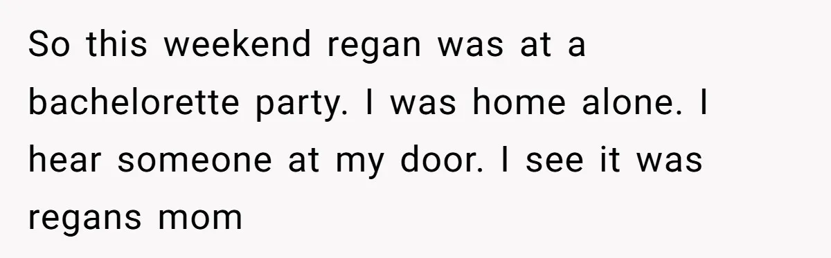 So this weekend regan was at a bachelorette party. I was home alone. I hear someone at my door. I see it was regans mom