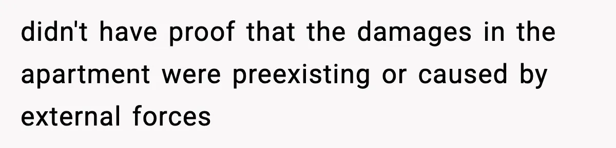 didn't have proof that the damages in the apartment were preexisting or caused by external forces